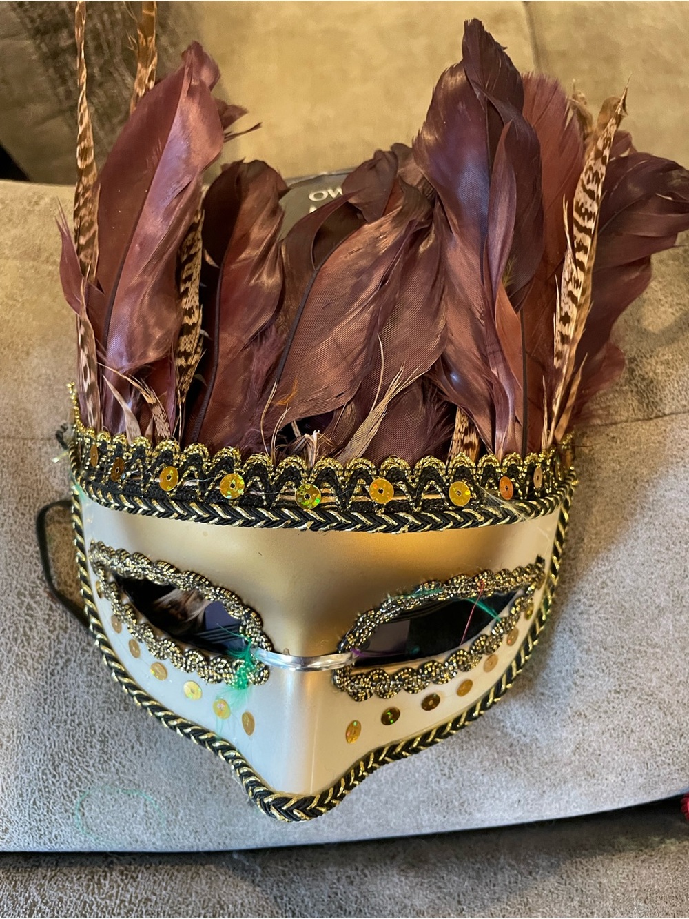 Owl Feather Mask Gold Brown Masquerade Halloween Costume Dramatic